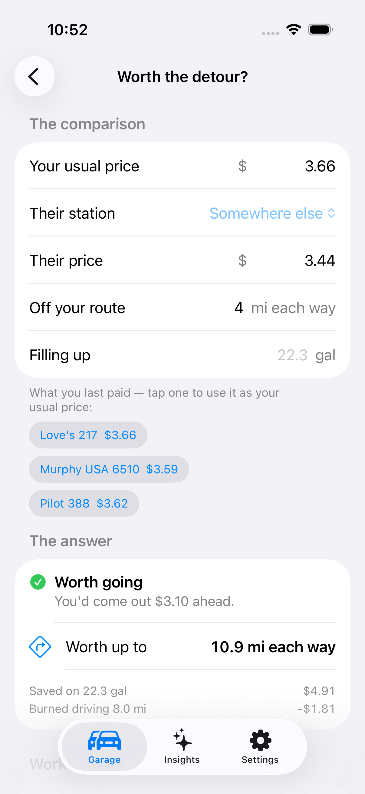 The detour calculator, showing how far a saving is worth driving