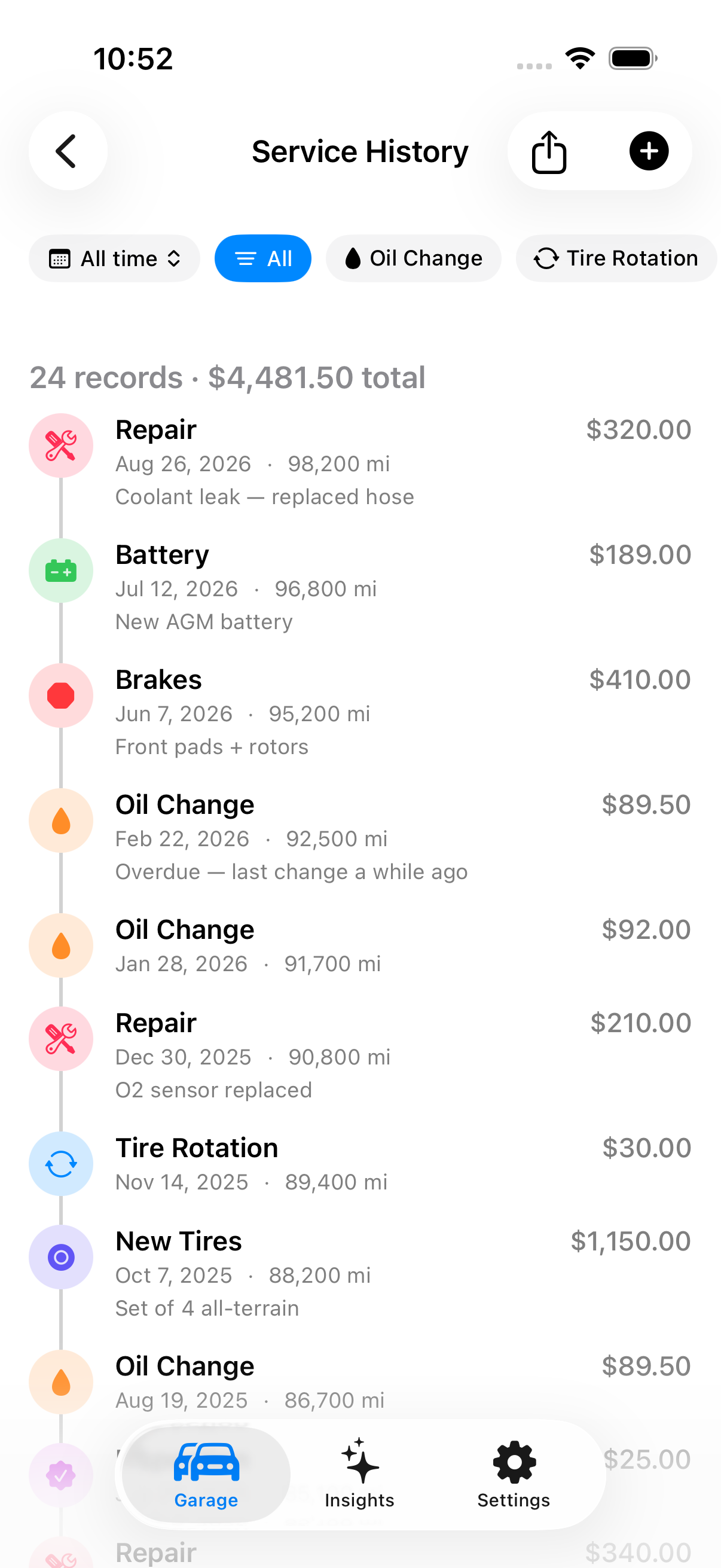 The service history, every job listed with its cost