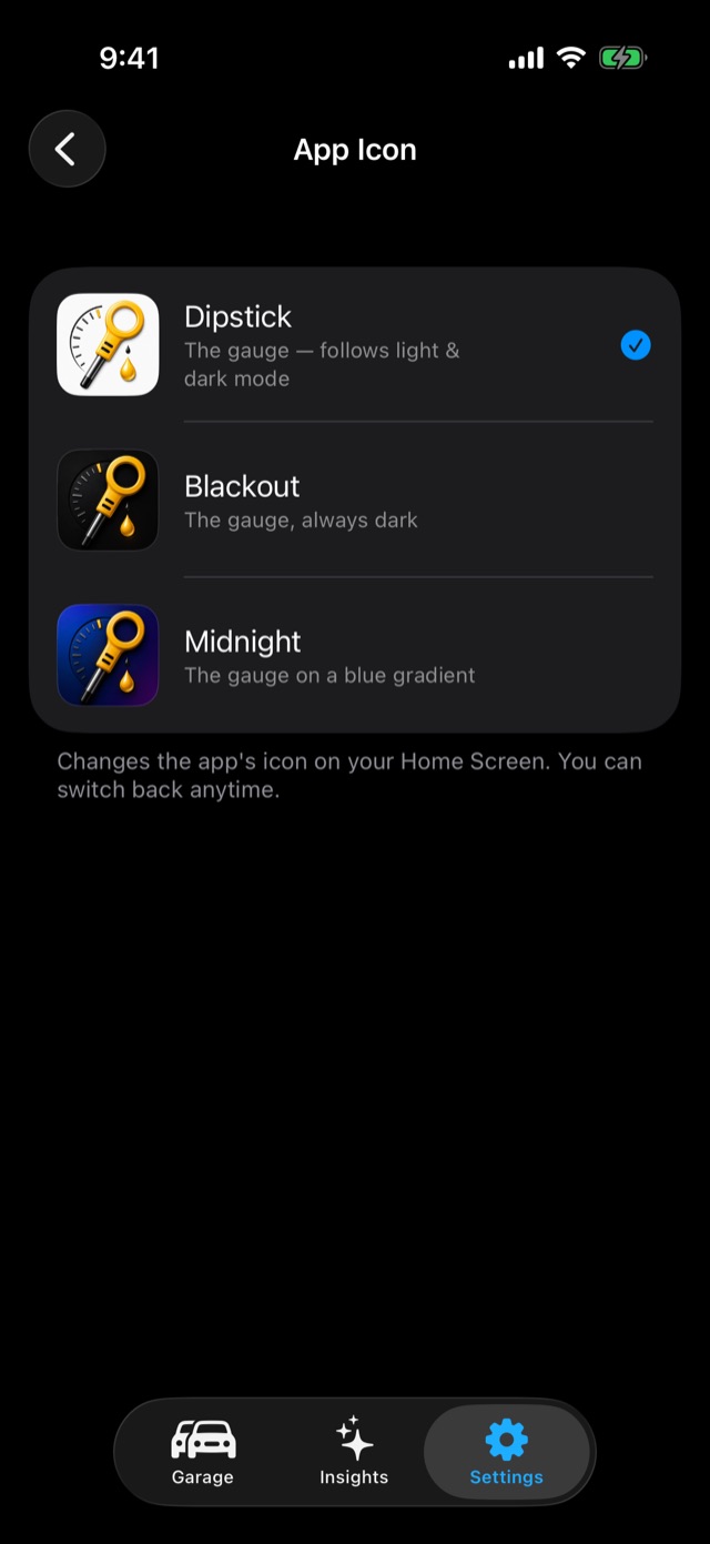 Choosing the app icon: Dipstick, Blackout, Midnight