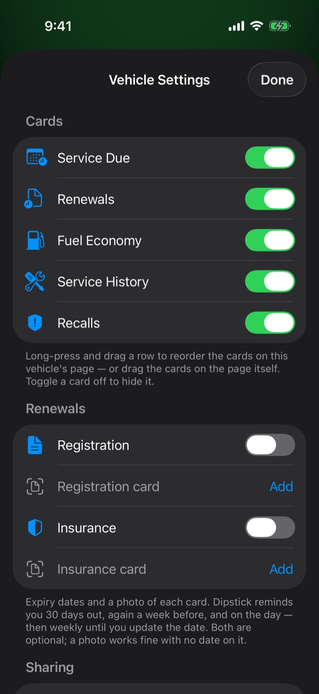 The Cards list in Vehicle Settings with switches