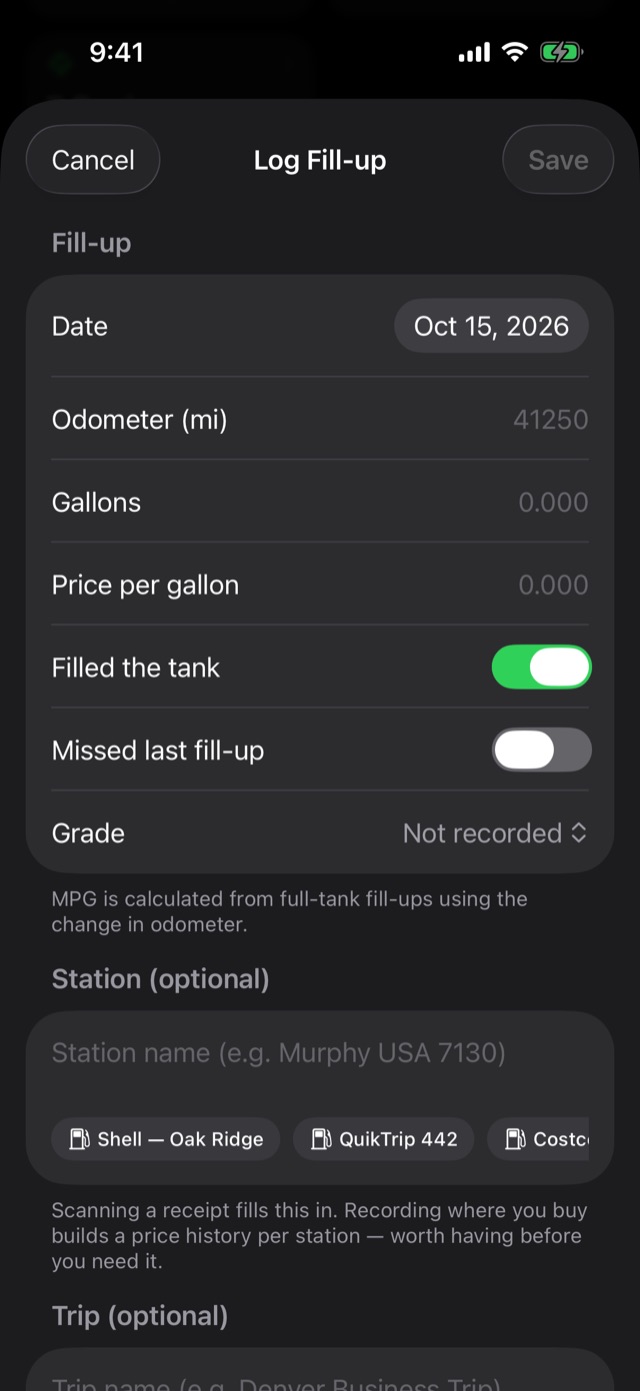 An empty Log Fill-up form