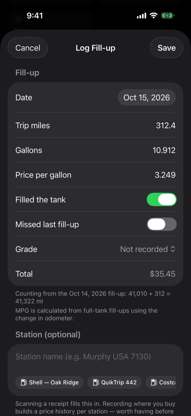 The fill-up form in trip mode, showing the Counting from line