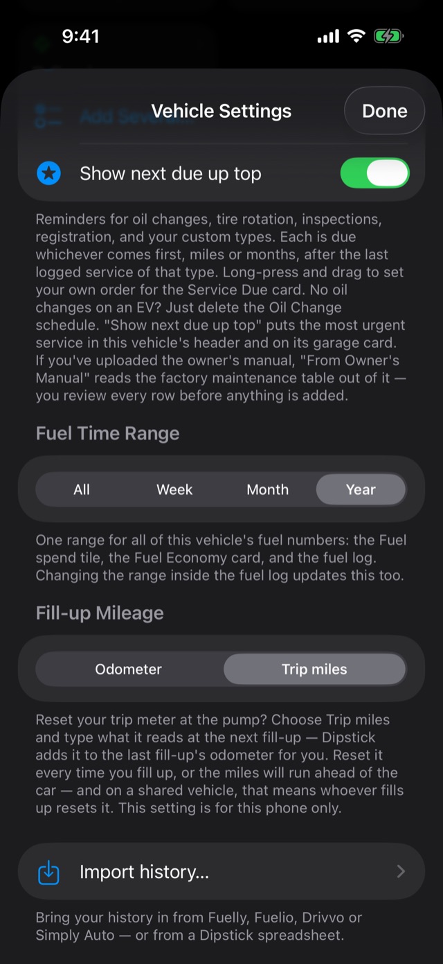 Vehicle Settings with Fill-up Mileage set to Trip miles