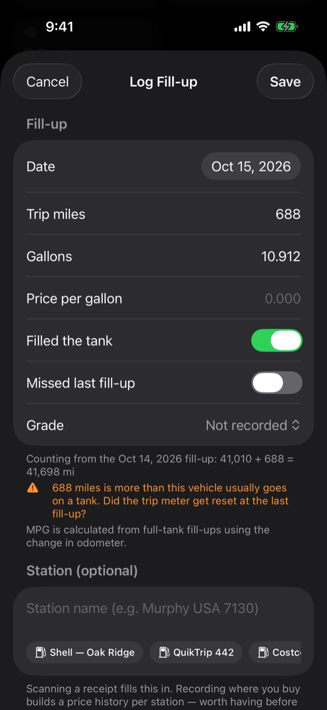 An orange warning asking whether the trip meter was reset