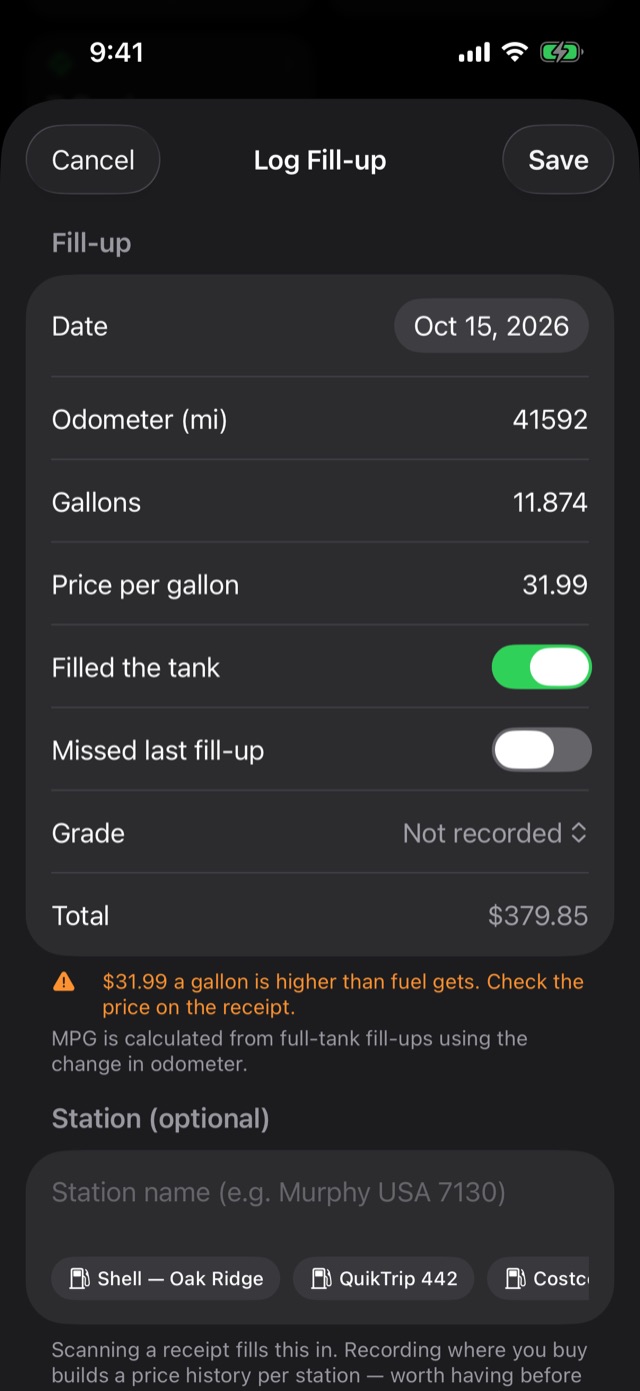 An orange warning about a $31.99 price per gallon
