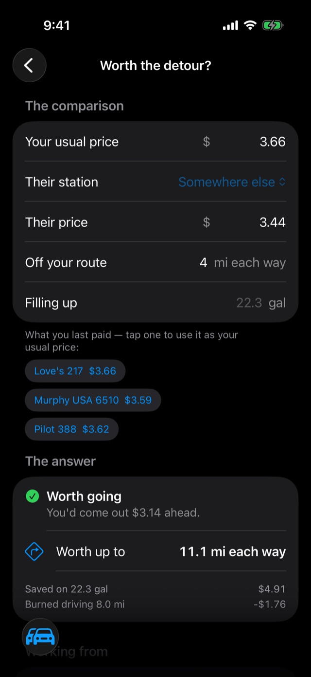 The detour calculator: worth going, you'd come out $3.14 ahead