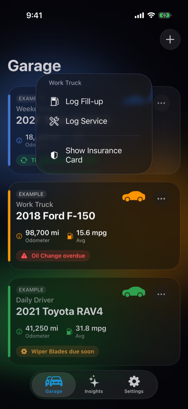 A garage card held down, showing a menu headed Work Truck with Log Fill-up, Log Service and Show Insurance Card