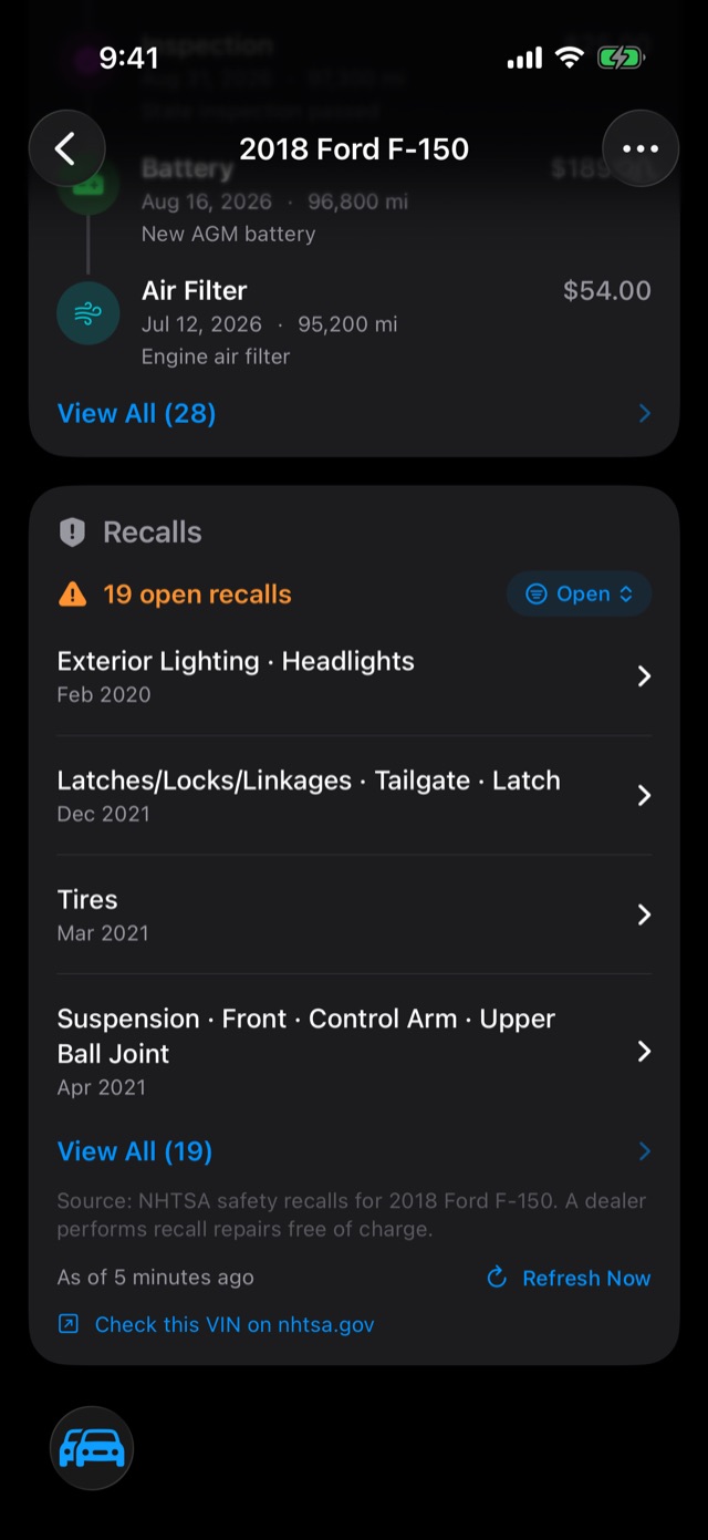 The Recalls card listing open recalls