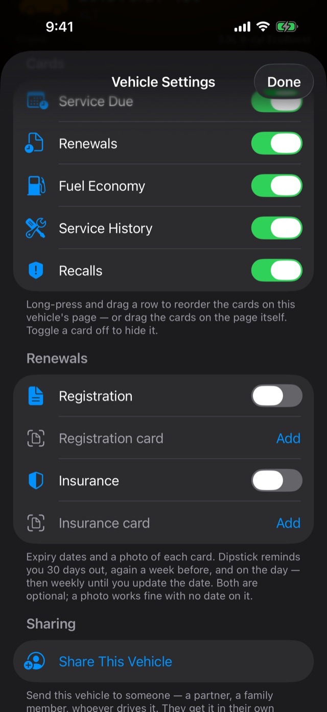 Renewals in Vehicle Settings, switched off