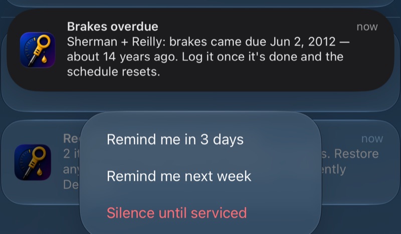A Dipstick reminder held down, offering Remind me in 3 days, Remind me next week, and Silence until serviced