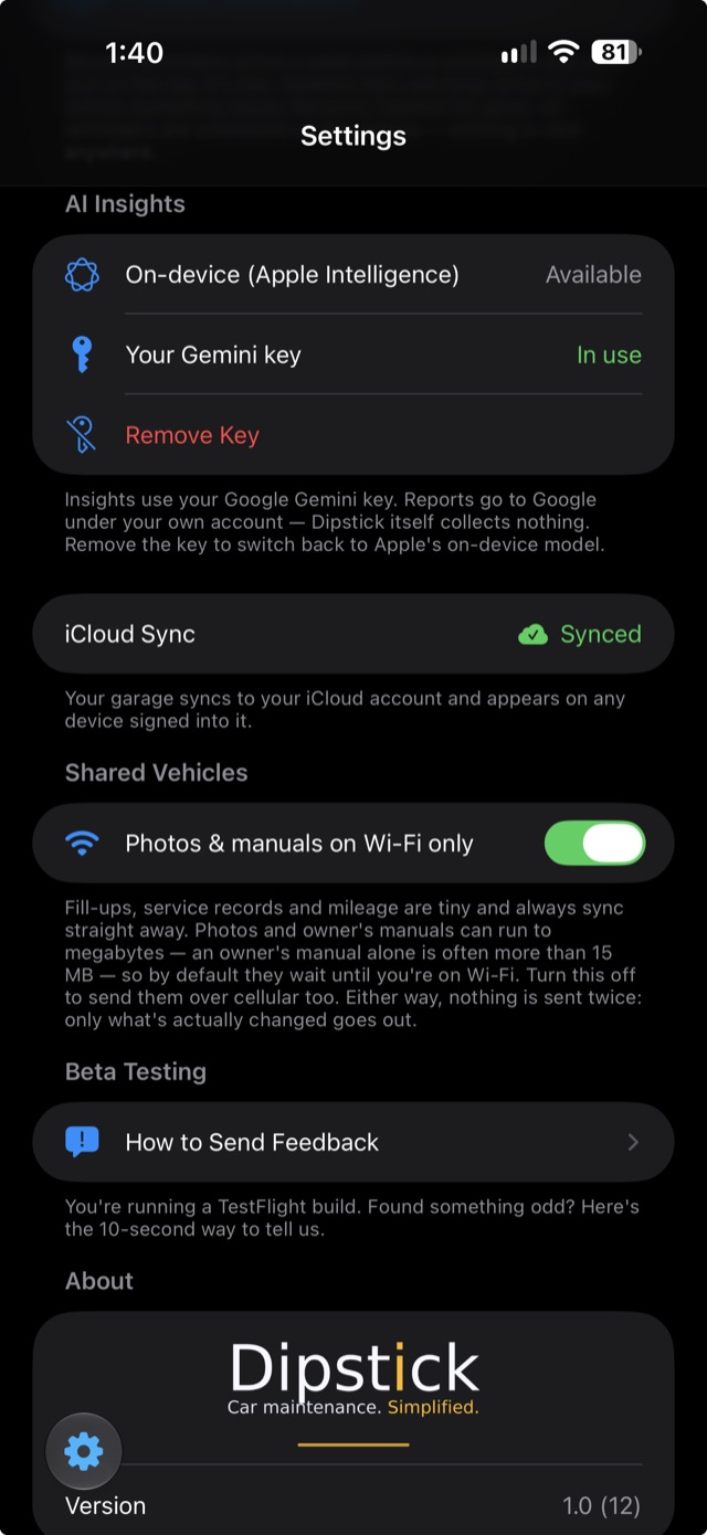 Dipstick's Settings tab with the iCloud Sync row reading Synced