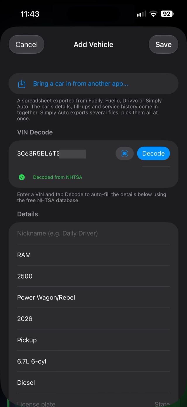 Add Vehicle with the VIN decoded: RAM 2500 Power Wagon, 2026, 6.7L diesel