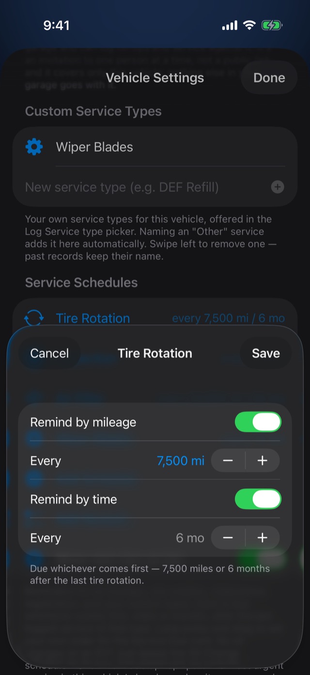 Editing the Tire Rotation schedule
