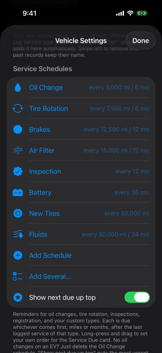 Service Schedules in Vehicle Settings