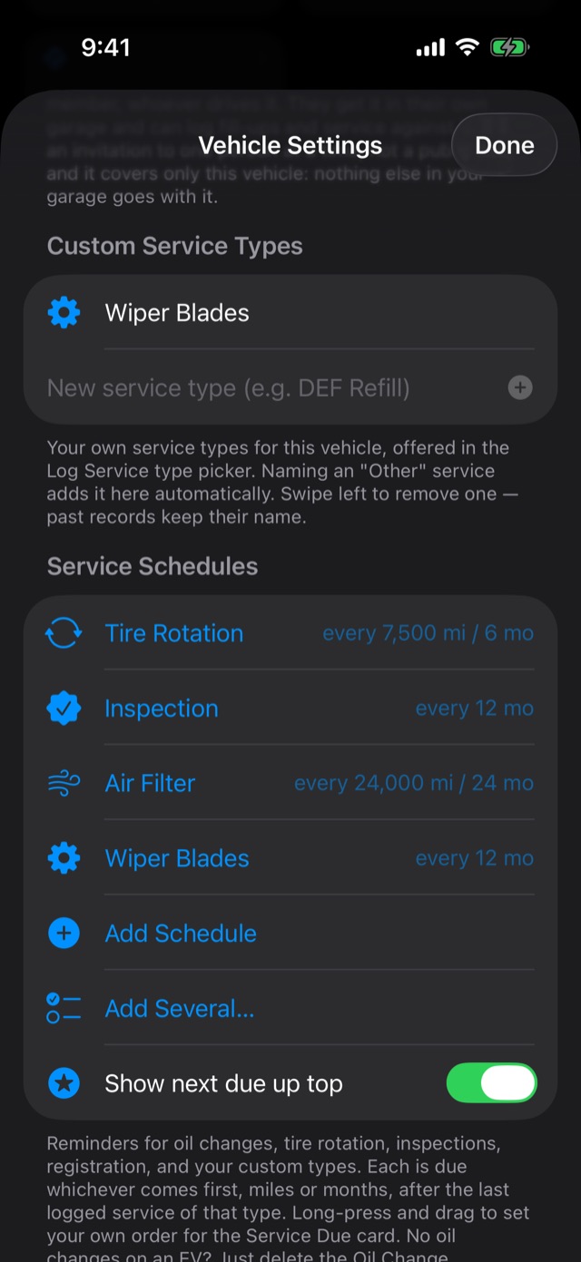 Custom Service Types in Vehicle Settings