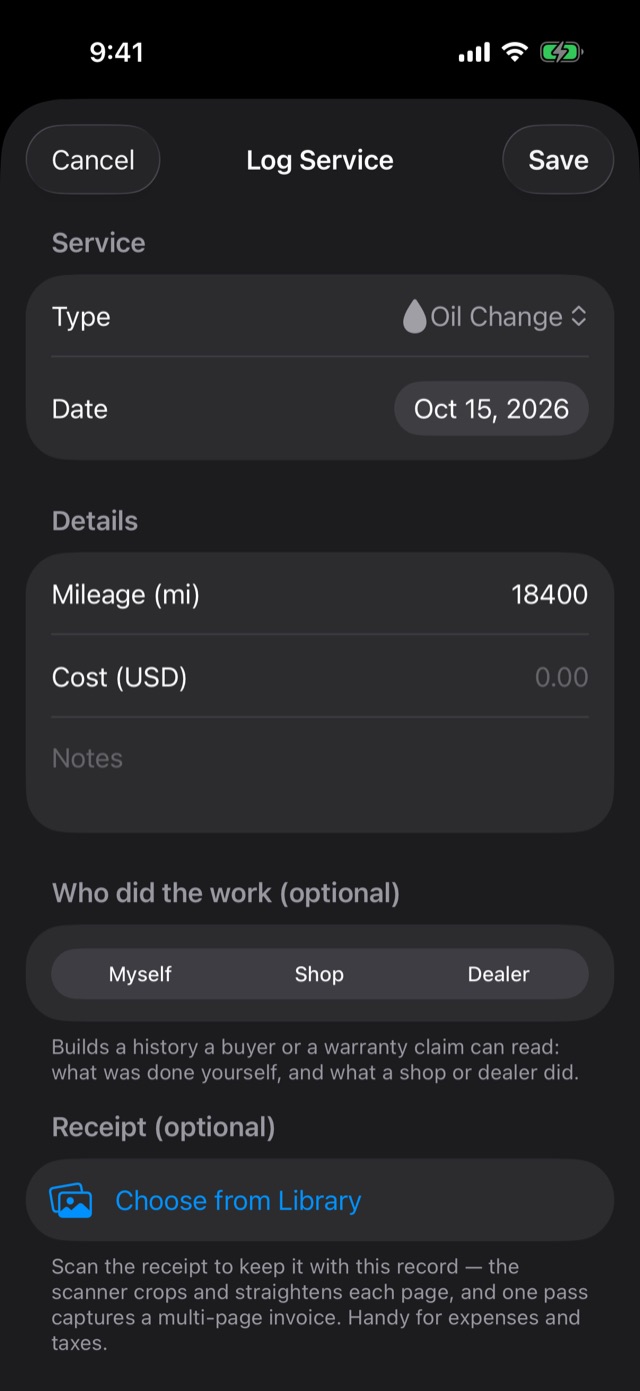 The Log Service form
