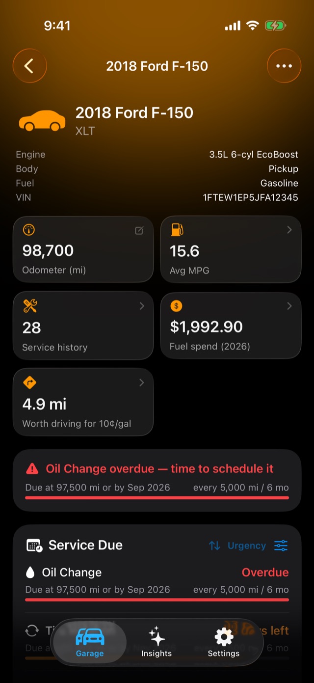 A vehicle's page with its tiles and the Service Due card